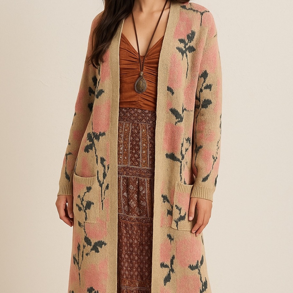 Floral Knit Open Cardigan Duster Cottagecore boho western